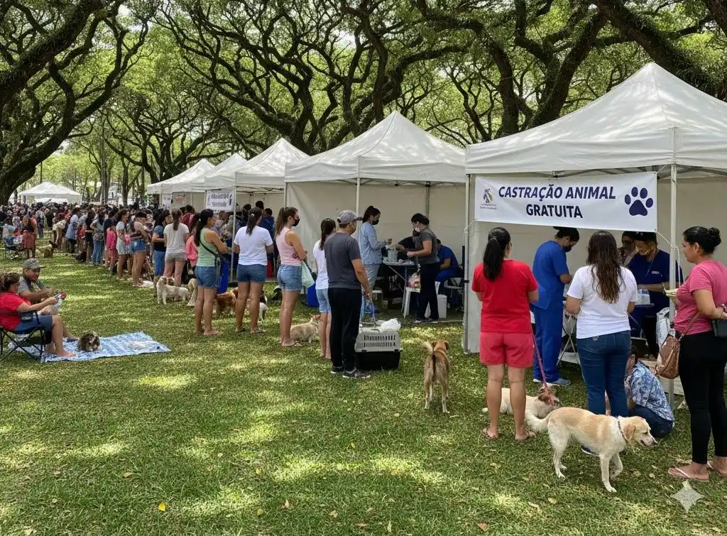 Foto feira de adoção em um parque bem arvorizado