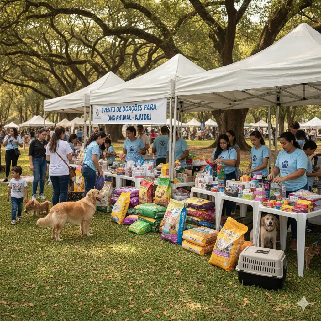Foto feira de adoção em um parque bem arvorizado