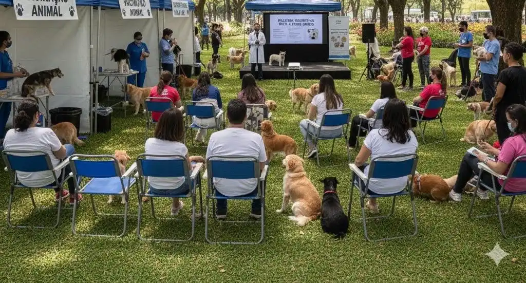 Foto feira de adoção em um parque bem arvorizado