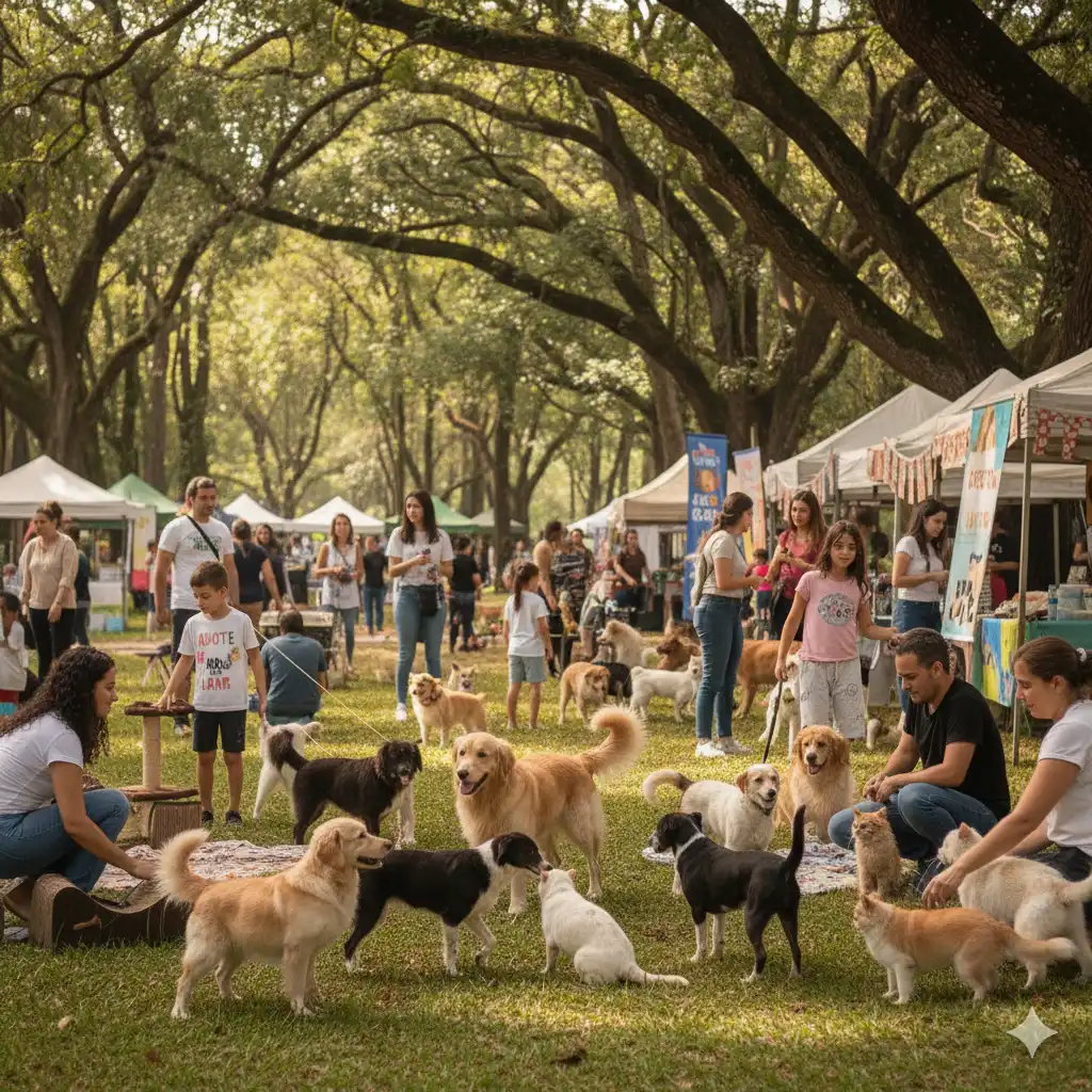 Foto feira de adoção em um parque bem arvorizado