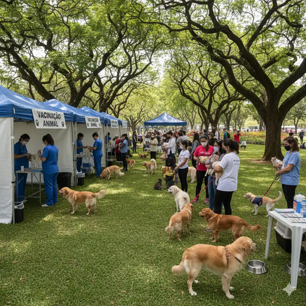 Foto feira de adoção em um parque bem arvorizado